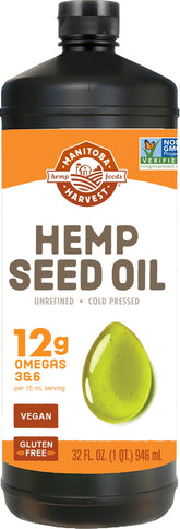 Manitoba Harvest hemp seed oil bottle on counter, ideal for dressings and finishing oils.