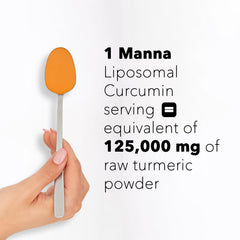 Manna Vitamins Evolved curcumin liquid pour emphasizes easy daily dosing and absorption.