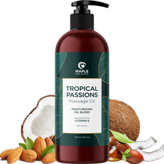 Maple Holistics tropical massage oil bottle ready for easy self-care or partner massage.