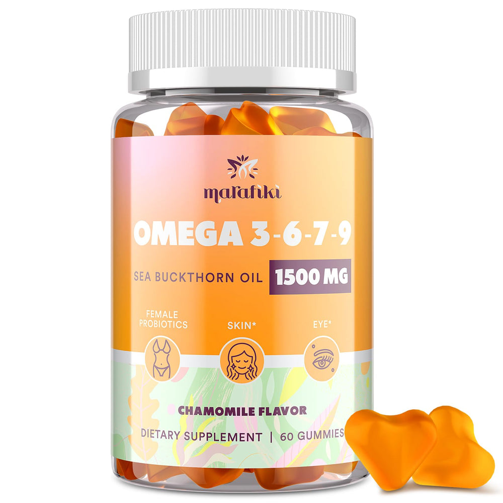 Marafiki Omega 3-6-7-9 gummies bottle with chamomile flavor for daily wellness
