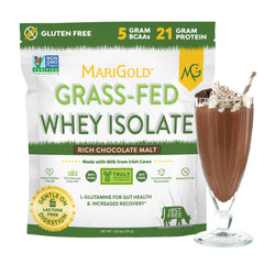 MariGold grass-fed whey isolate powder bag shows rich chocolate malt flavor for post-workout fueling.