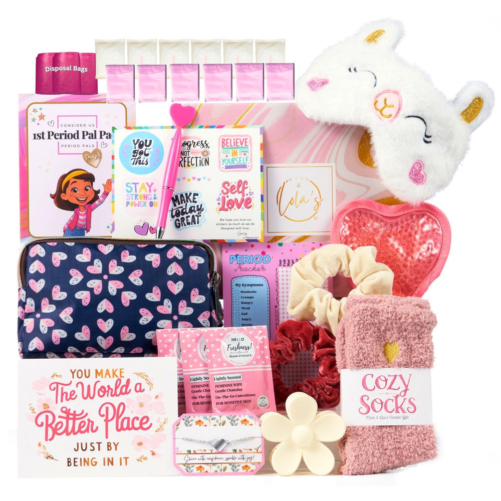 Mark and Lola's First Period Pal Pack box with discreet hearts for private gifting.