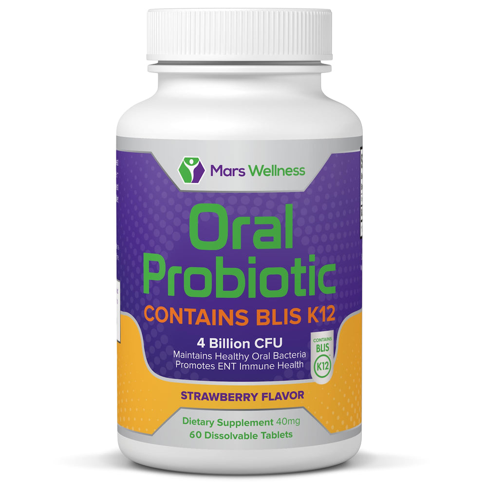 Mars Wellness oral probiotic bottle shows BLIS K12 benefits for daily oral health.