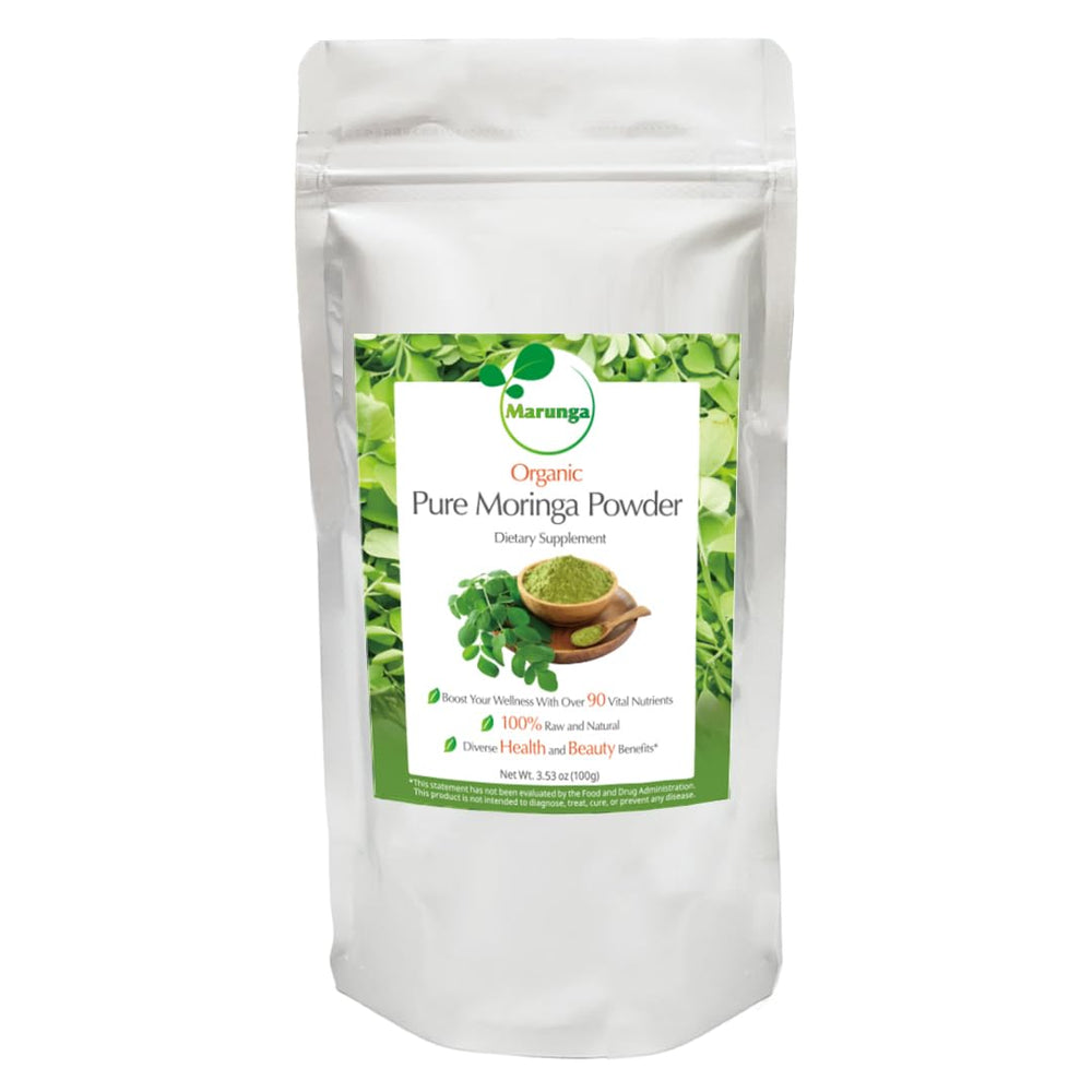 Marunga Organic Moringa Powder jar highlights premium quality for daily smoothies.
