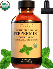 Mary Tylor Naturals peppermint oil in amber glass bottle for DIY blends