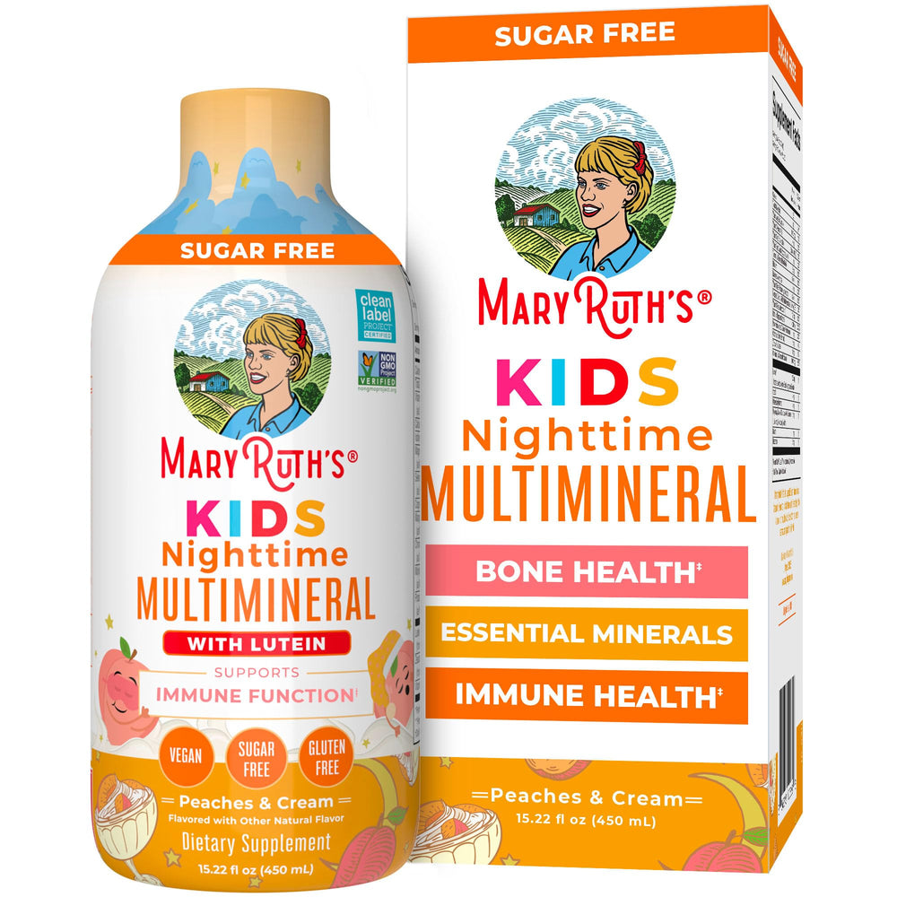 MaryRuth Organics Kids Nighttime Multimineral bottle pouring, peach-cream flavor supports bone health.