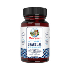 MaryRuth Organics activated charcoal capsules bottle close-up, vegan and non-GMO.