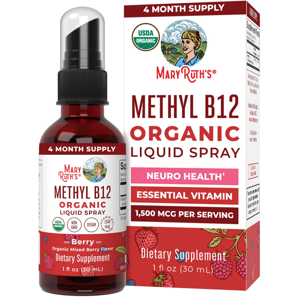 MaryRuth Organics B12 spray front view with vegan energy support and berry flavor