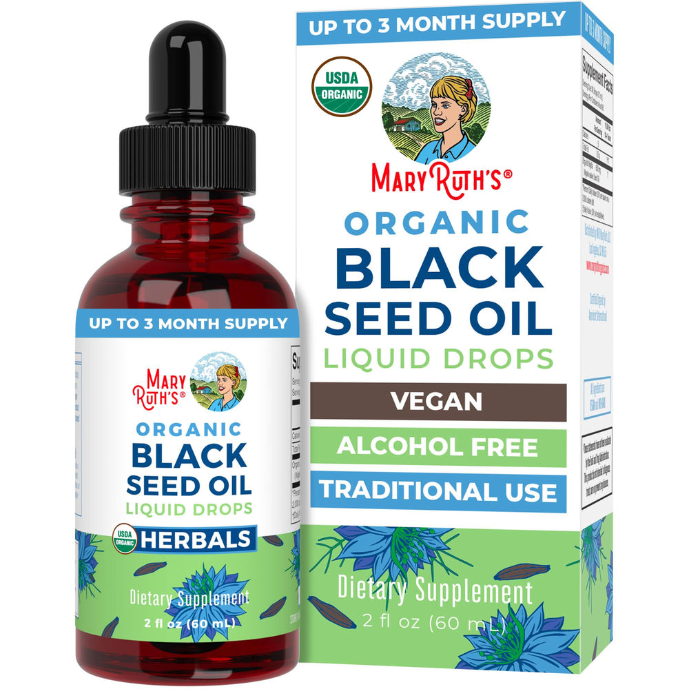 MaryRuth Organics Black Seed Oil bottle highlights organic quality for daily use.