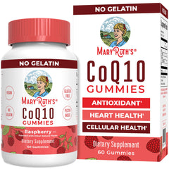 MaryRuth Organics CoQ10 gummies raspberry bottle for daily antioxidant support.