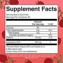 Close-up of Raspberry CoQ10 gummies highlighting vegan formula for daily use.