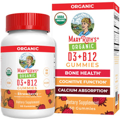 MaryRuth's D3 B12 gummies bottle front shows vegan, organic formula for all ages.