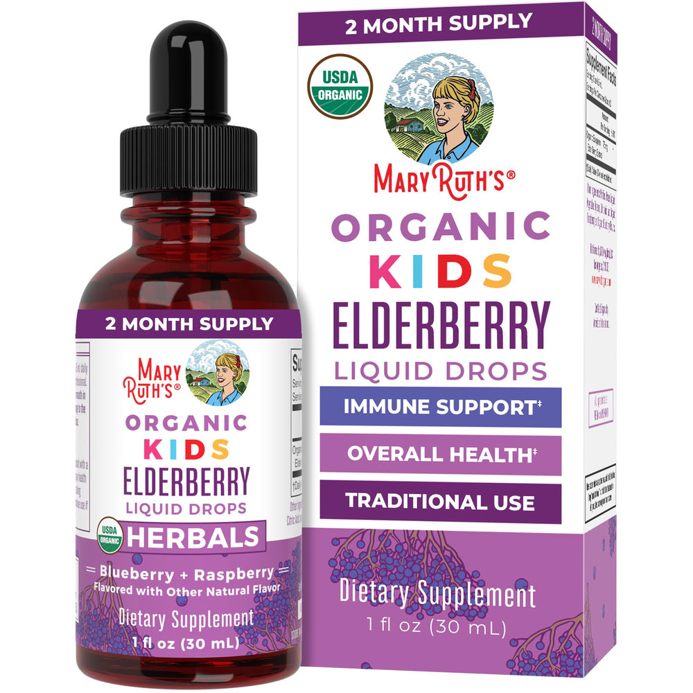 MaryRuth Organics Elderberry Drops for Kids bottle on counter, supports daily immune wellness