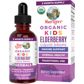 MaryRuth Organics Elderberry Drops for Kids bottle on counter, supports daily immune wellness