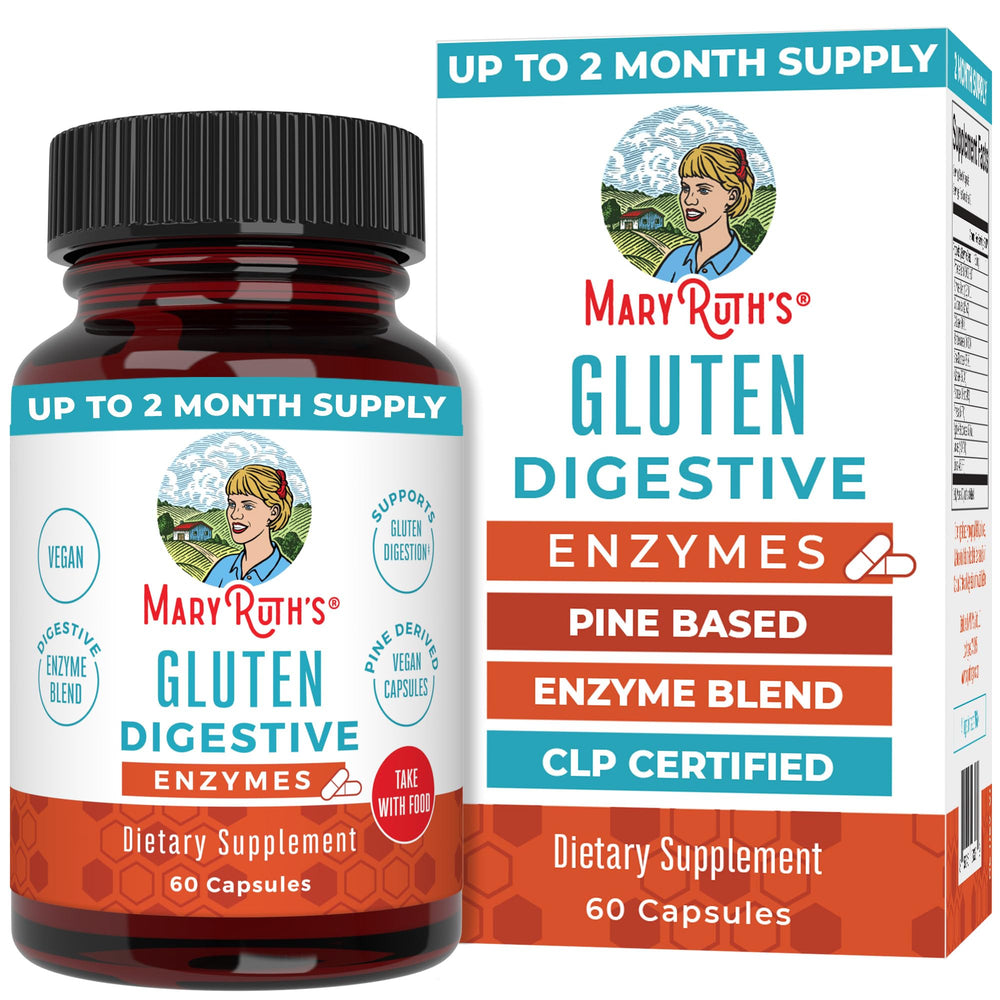 MaryRuth Organics Gluten Digestive Enzymes bottle pour for on-the-go daily support.