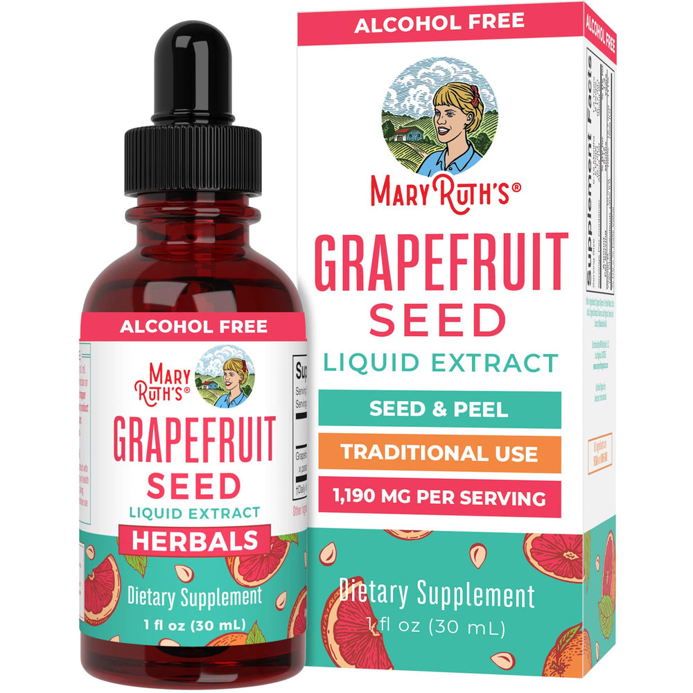 MaryRuth Organics grapefruit seed extract bottle pour for easy daily dosing.