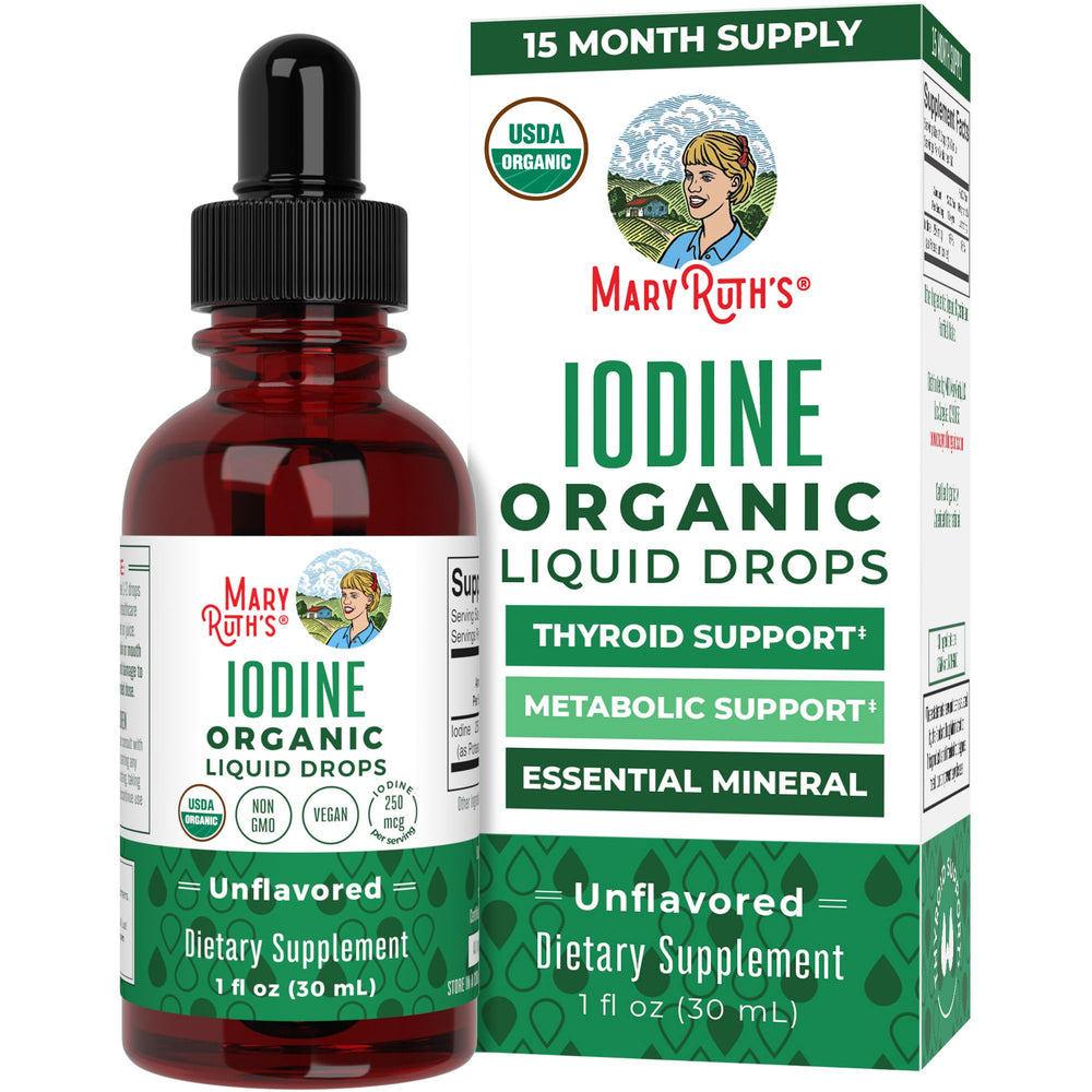 MaryRuth Organics Iodine Liquid Drops bottle front, vegan organic formula for daily micronutrient support.