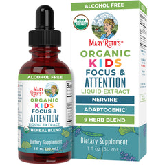 MaryRuth Organics Kids Focus & Attention Drops bottle ready for daily use to support focus