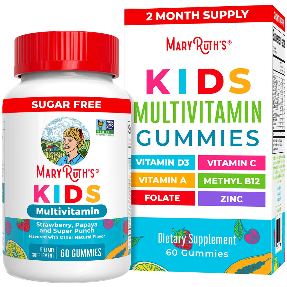 MaryRuth Organics Kids Multivitamins bottle front label showing vegan, sugar-free daily formula.