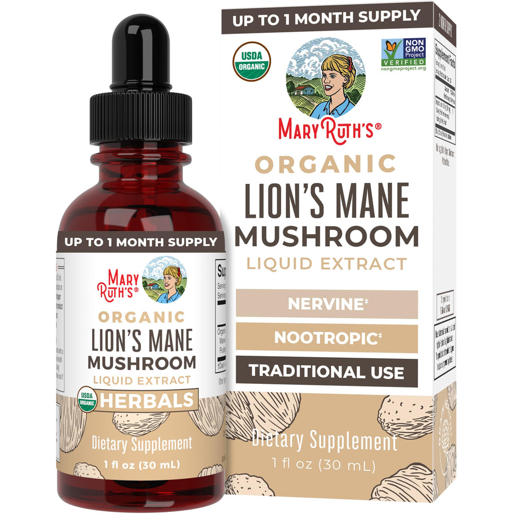 MaryRuth Organics Lions Mane bottle with label showing vegan, organic formula