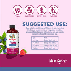 MaryRuth Organics liquid iron for kids dosing ages four and up.