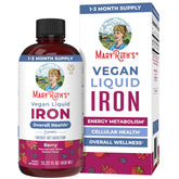 MaryRuth Organics liquid iron supplement bottle showing sugar-free, vegan formula.