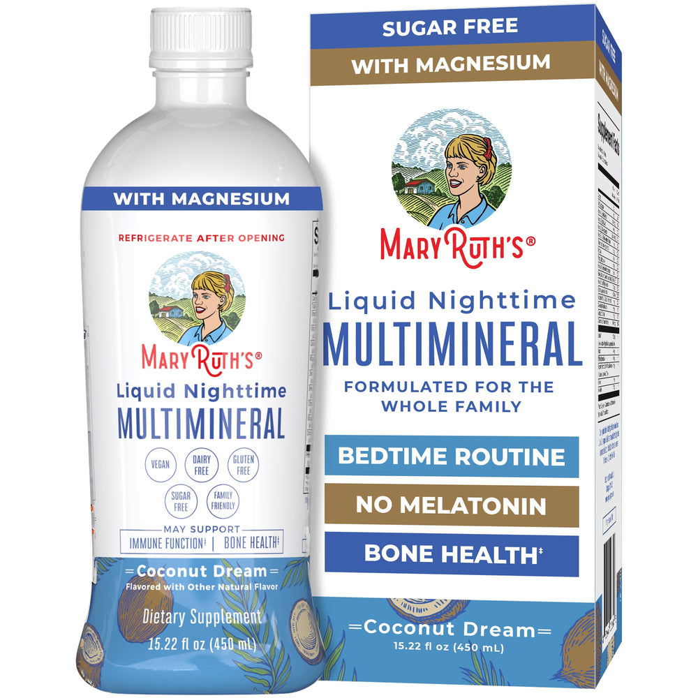 MaryRuth Organics Liquid Nighttime Multimineral bottle on nightstand for bedtime routine support