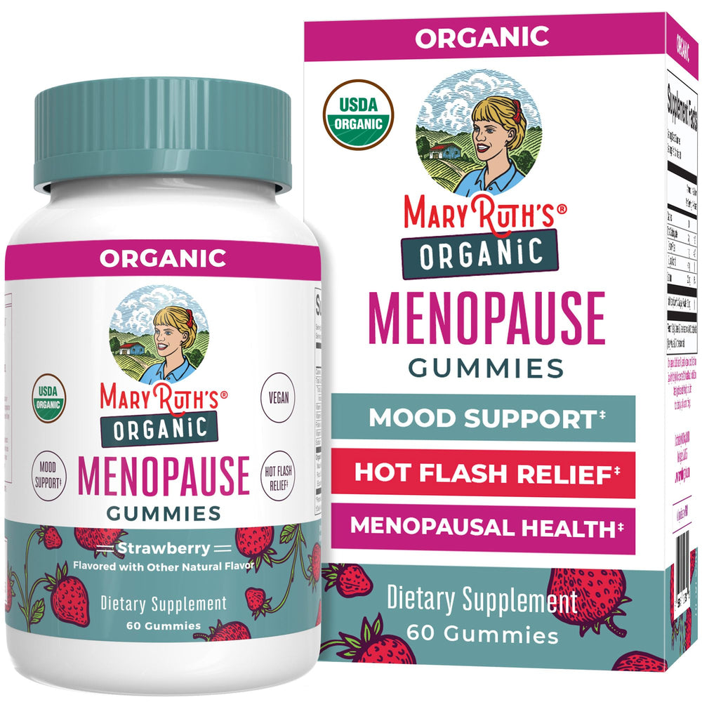MaryRuth Organics Organic Menopause Gummies bottle front for mood support and hot flash relief.