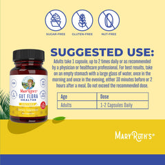 MaryRuth Organics probiotic blend label focus; supports healthy microbiome balance and bowel comfort.