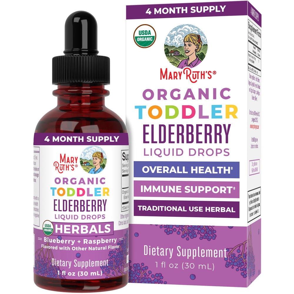 MaryRuth Organics Toddler Elderberry Syrup bottle closeup highlighting USDA Organic formula for immune support