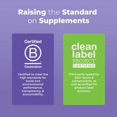 Measuring spoon beside the bottle shows easy daily administration.