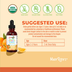 Close-up of MaryRuth Organics Toddler Vitamin C Drops bottle with orange-vanilla flavor focus