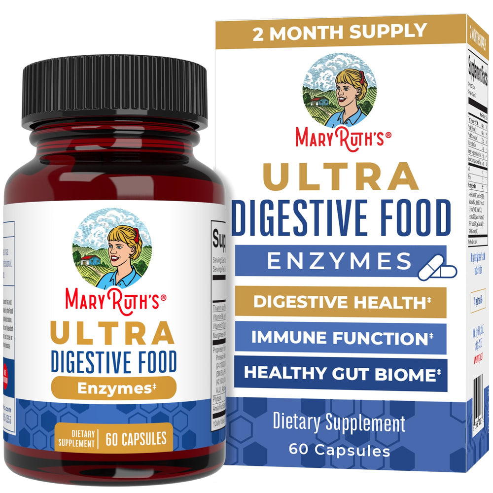 MaryRuth Organics Ultra Digestive Enzymes bottle front supports gut comfort and absorption.