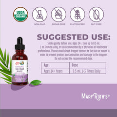 MaryRuth Organics valerian root drops label close-up.