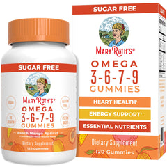 MaryRuth Organics vegan omega gummies bottle, convenient daily plant-based omega source with peach mango apricot flavor.