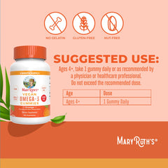 MaryRuth Organics vegan omega-3 gummies bottle label highlights flaxseed oil as plant-based source.