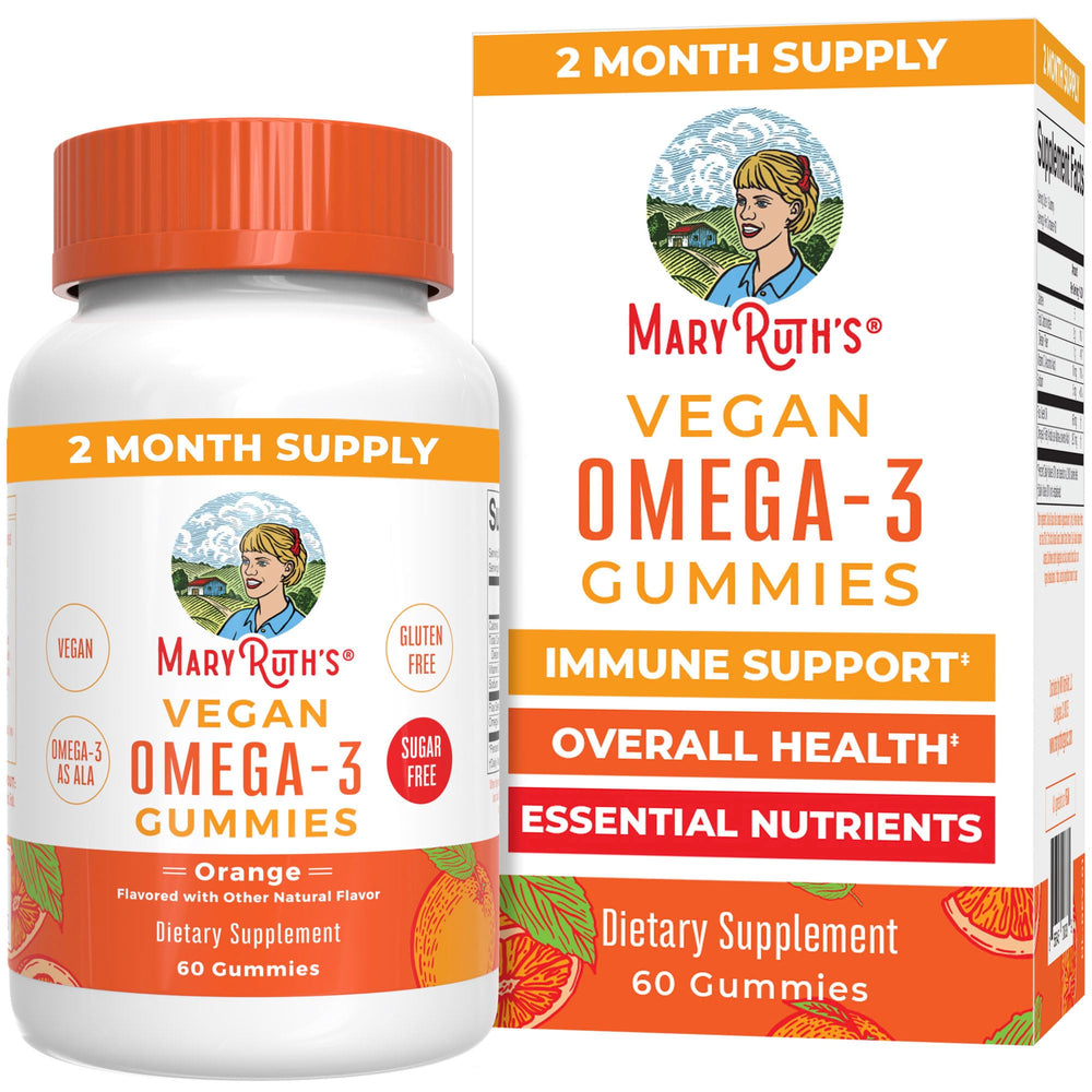 MaryRuth Organics Vegan Omega-3 Gummies bottle closeup with orange flavor for daily wellness.