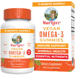MaryRuth Organics Vegan Omega-3 Gummies bottle closeup with orange flavor for daily wellness.