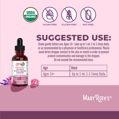 Ingredients label on MaryRuth Organics Women's Wellness Drops featuring Raspberry Leaf and other herbs