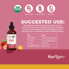 MaryRuth Organics zinc sulfate ingredients label highlighting vegan and organic certifications