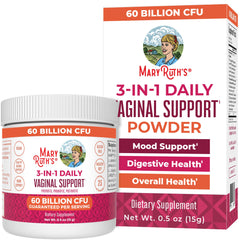 MaryRuth's 3-in-1 probiotics bottle shows vegan formula for vaginal and gut health