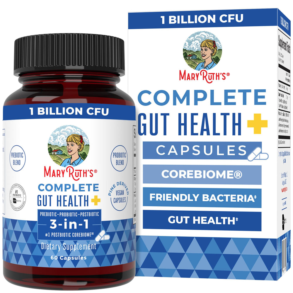 MaryRuth's Complete Gut Health+ bottle front highlights vegan probiotic blend for gut balance