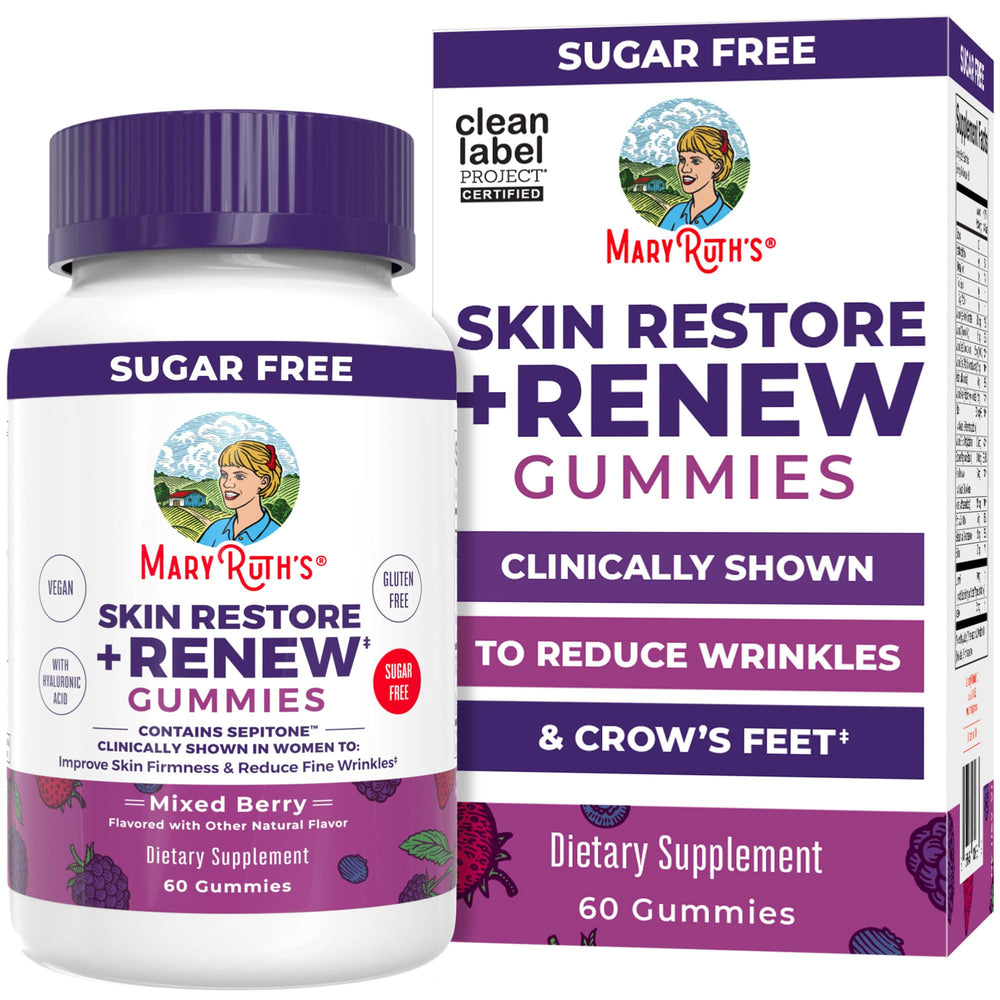 MaryRuth's Skin Restore + Renew gummies pack for daily hydration.