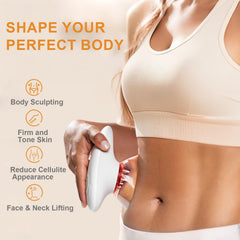 MASIKETEC cupping therapy massager with interchangeable cups targets abdomen and thighs for contouring.