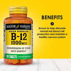 Mason Natural B12 fast absorption image highlighting cyanocobalamin 1000 mcg in tablet form.