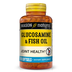 Mason Natural glucosamine and fish oil softgels bottle front for joint-support possibilities.