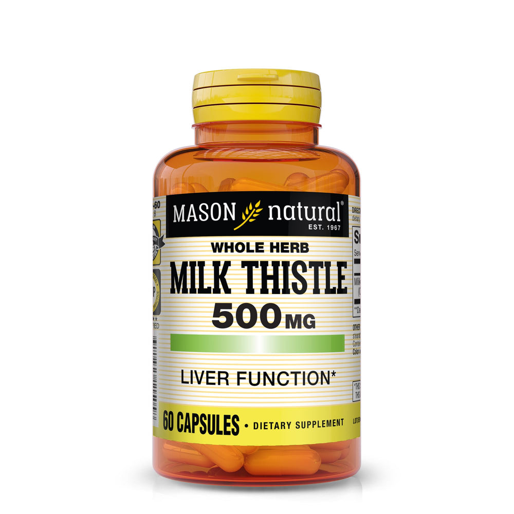 Mason Natural Milk Thistle 500 mg bottle shown for daily liver support.