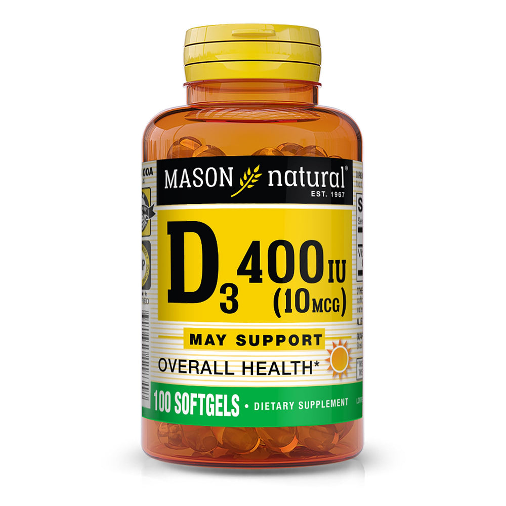 Mason Natural Vitamin D3 softgels bottle, showcasing a trusted bone support supplement.