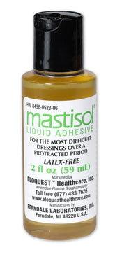 Mastisol liquid adhesive bottle secures dressings and devices with a durable, long-lasting bond.