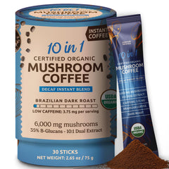 MATCHA DNA decaf mushroom coffee packaging highlights convenient daily use.